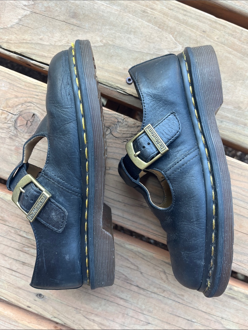 Dr. Martens Black Leather T-Bar Mary Jane Shoe with Yellow Stitching